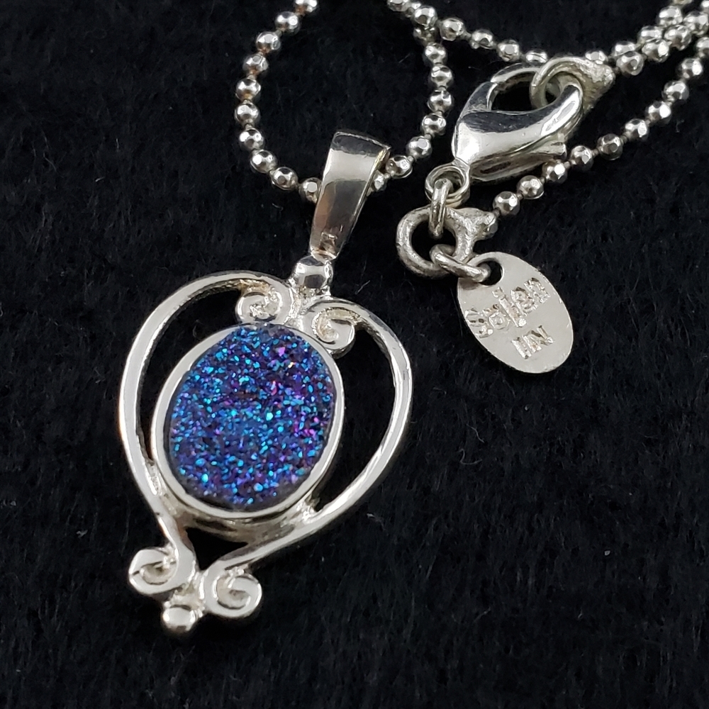 Sajen necklace blue druzy quartz pendant  solid sterling silver Balinese